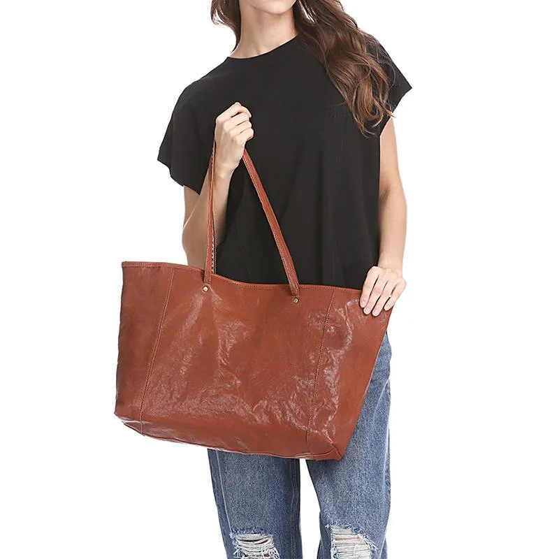 16" Large Black Tote Womens Leather Brown Tote Bags Black Work Handbag for Ladies