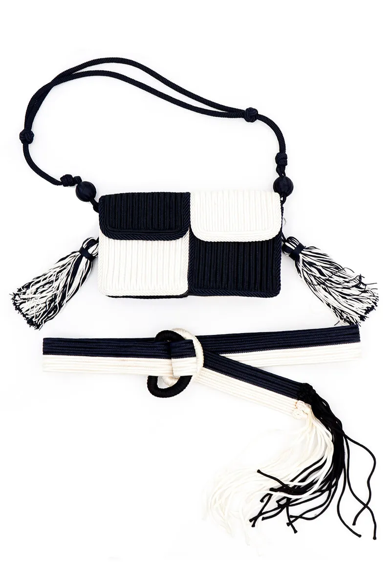 1980s Yves Saint Laurent Black & White Passementerie Bag with Matching Belt