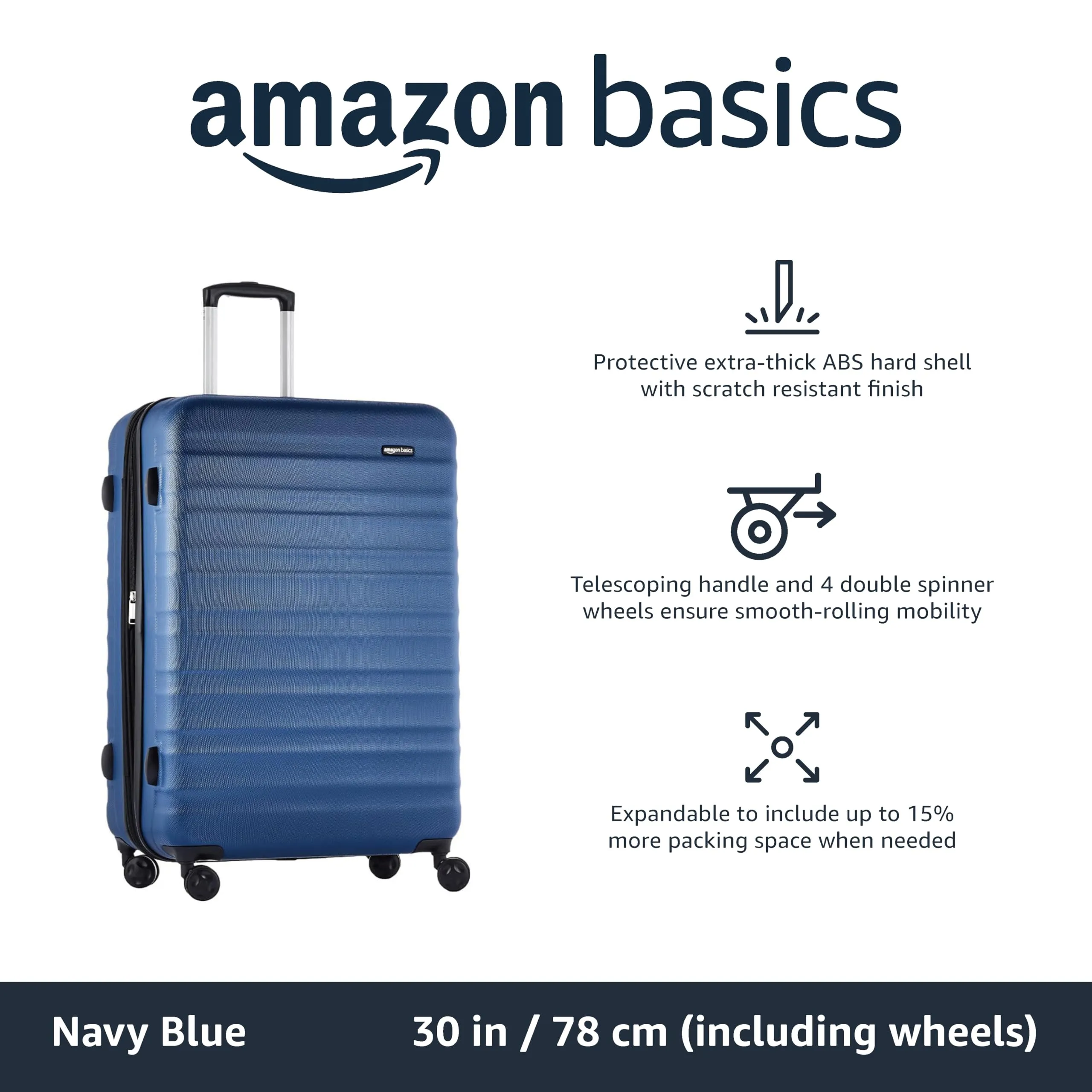 Amazon Basics Suitcase, Hardside Luggage with Spinner Wheels, Scratch-Resistant Surface, Light Blue, 30-Inch