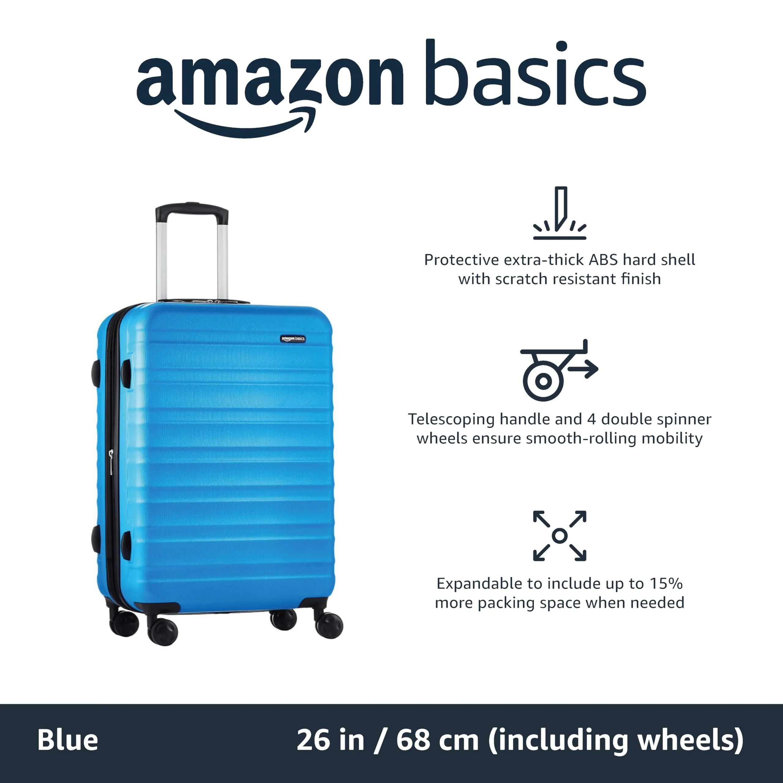 Amazon Basics Suitcase, Hardside Luggage with Spinner Wheels, Scratch-Resistant Surface, Light Blue, 30-Inch