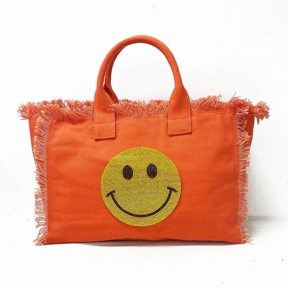 Bling Smiley 😊 Face Small Fringe Canvas Tote With Solid Strap