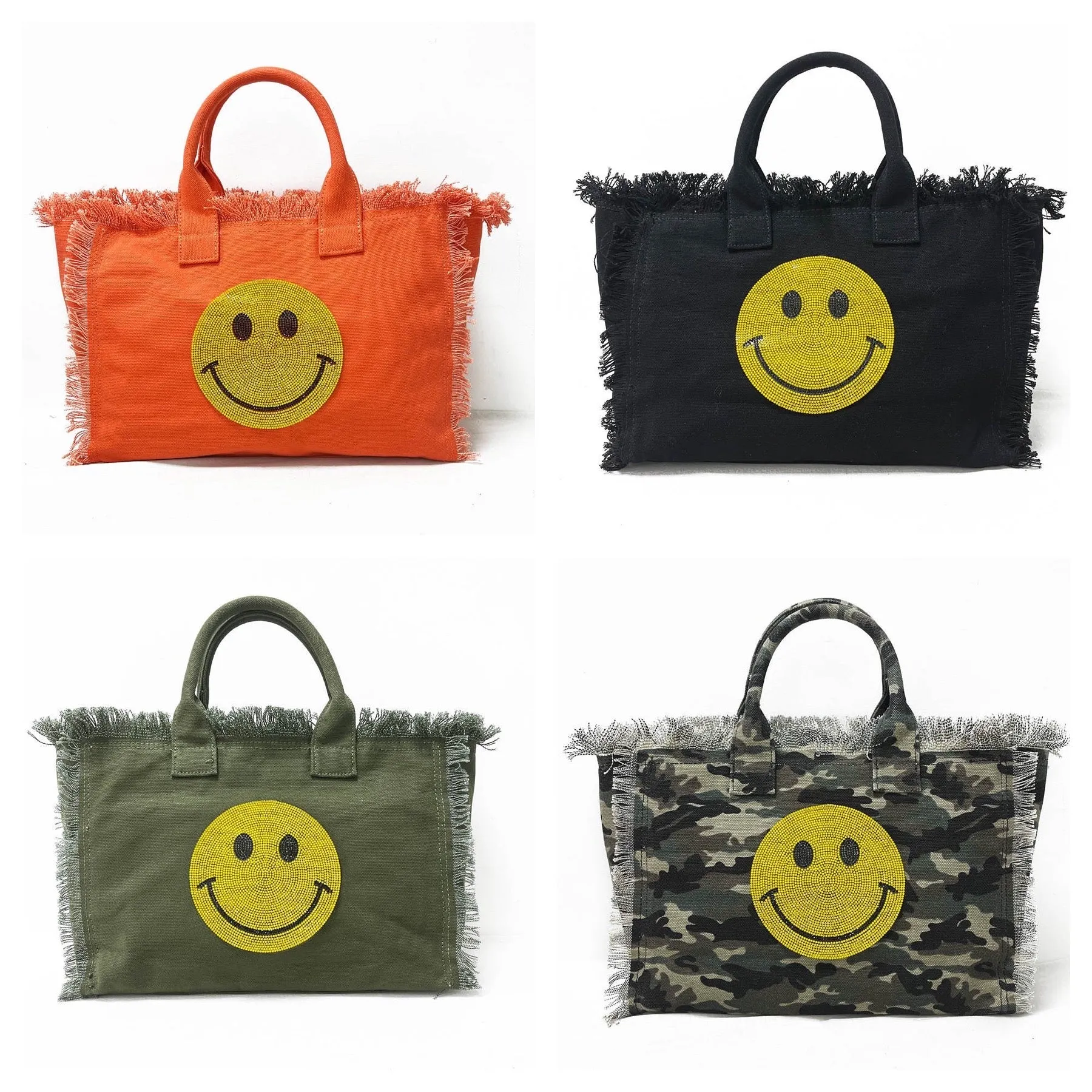 Bling Smiley 😊 Face Small Fringe Canvas Tote With Solid Strap