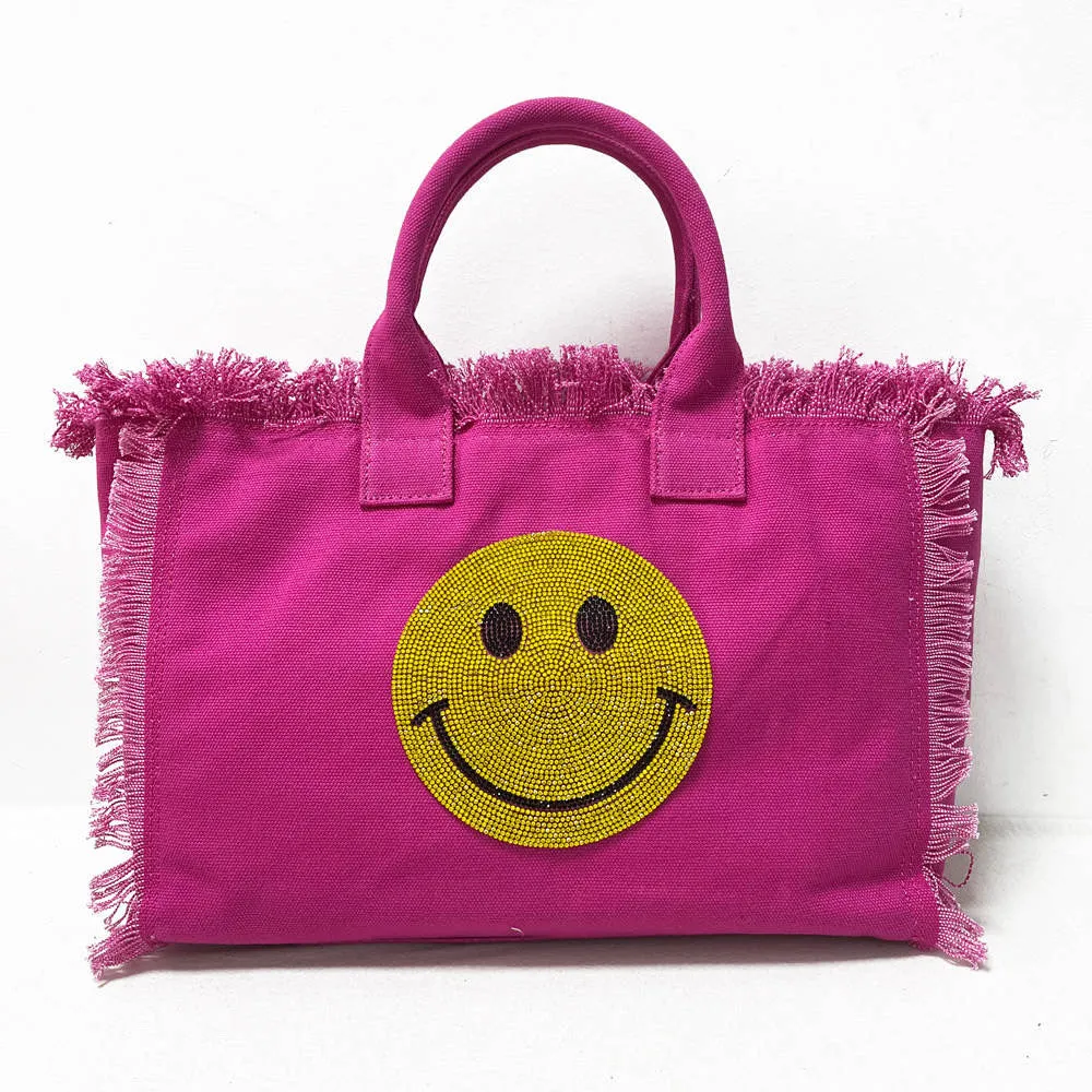 Bling Smiley 😊 Face Small Fringe Canvas Tote With Solid Strap