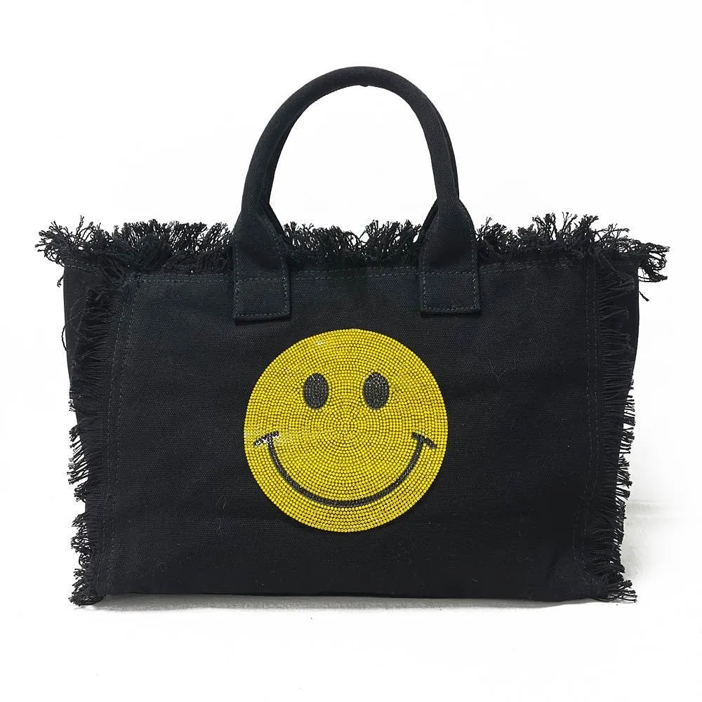 Bling Smiley 😊 Face Small Fringe Canvas Tote With Solid Strap