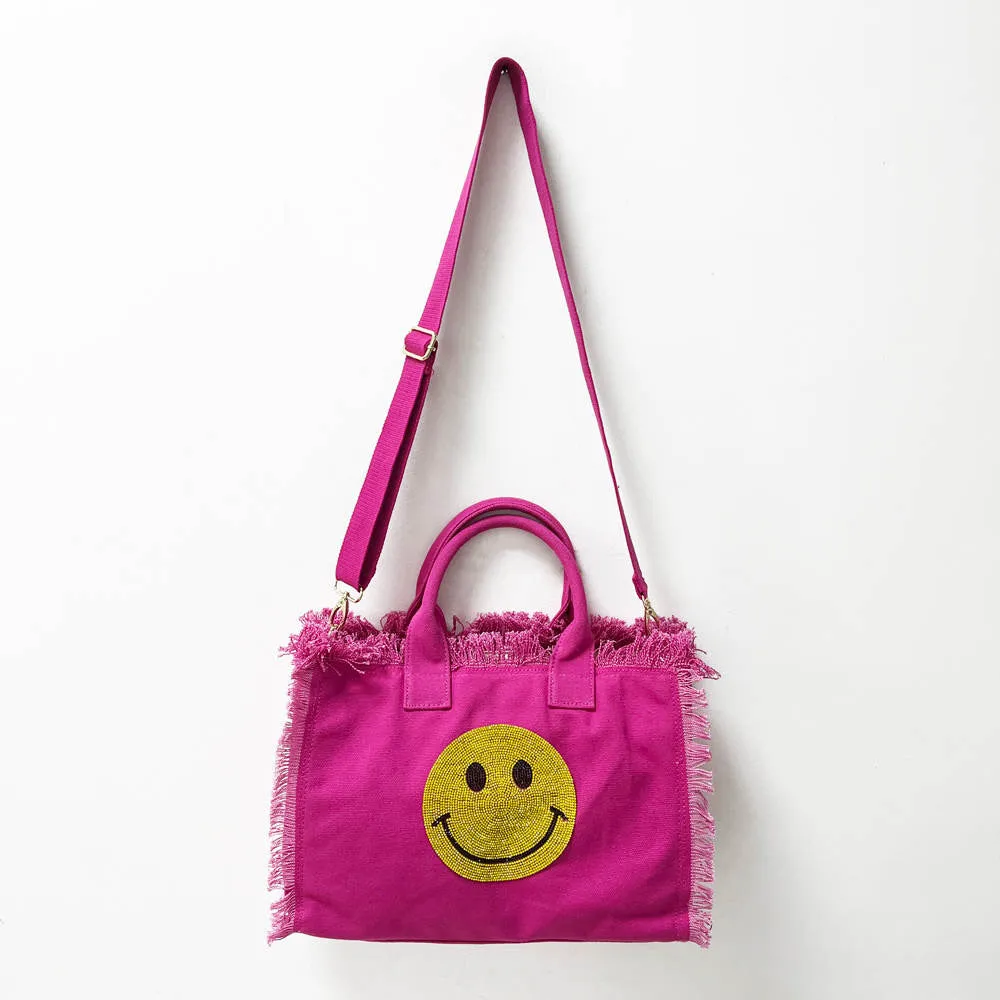 Bling Smiley 😊 Face Small Fringe Canvas Tote With Solid Strap