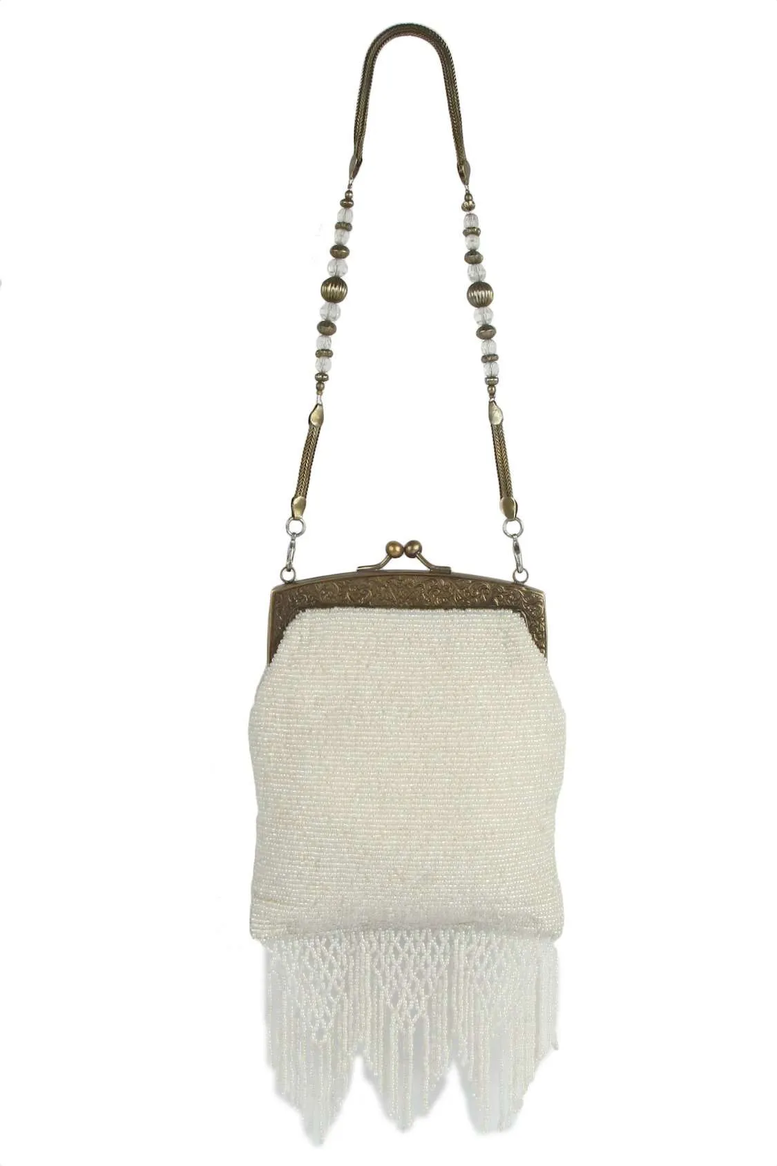 Brianna Whole White Beaded Brass Frame Wedding Handbag