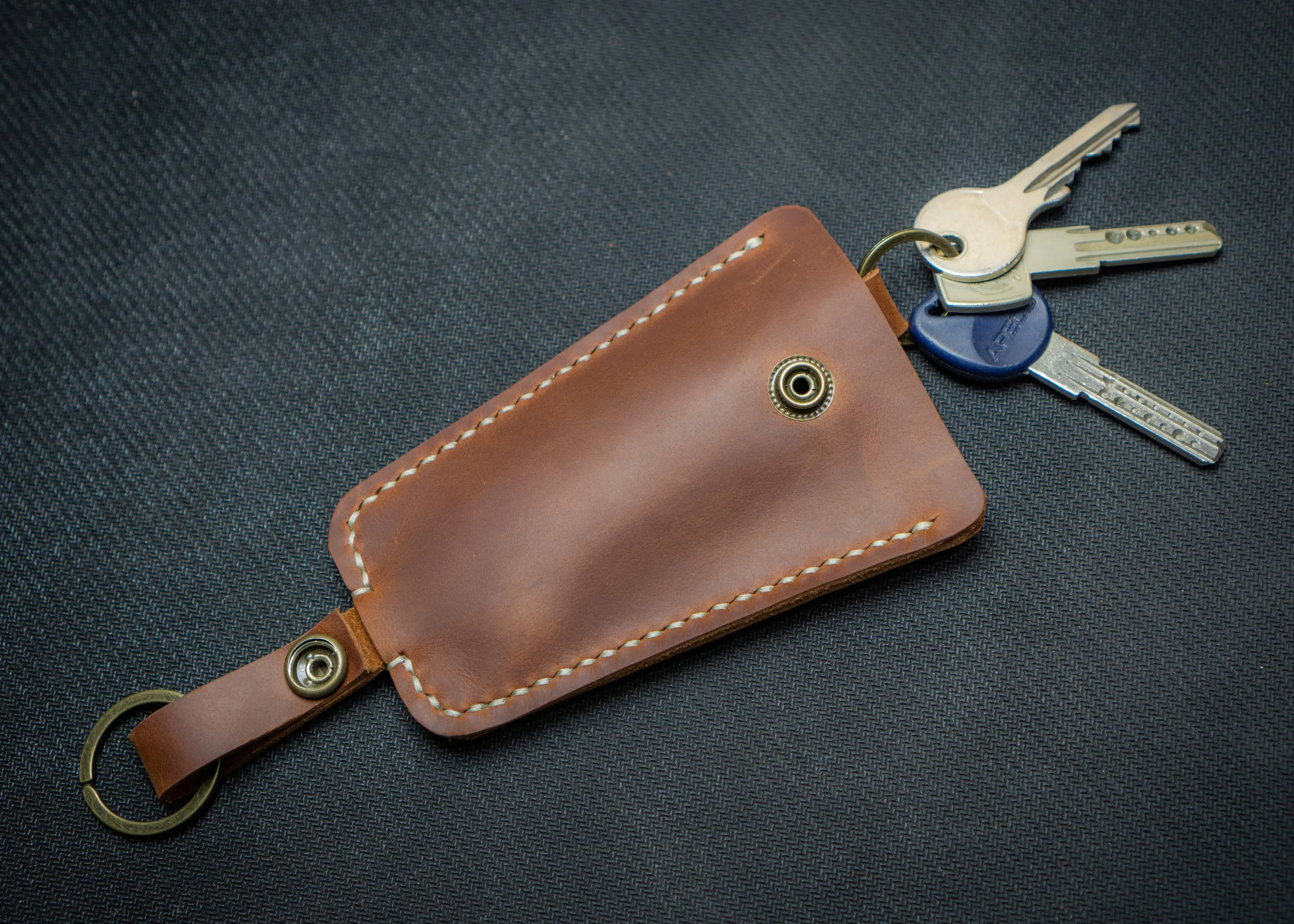 Brown Leather Keychain | Hand-Stitched Key holder, handmade