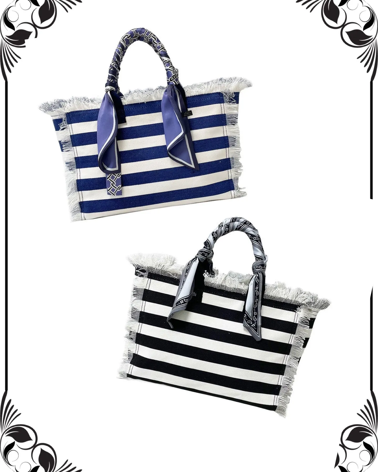 Canvas Fringe Striped Tote Bandana Handle - Blue or Black