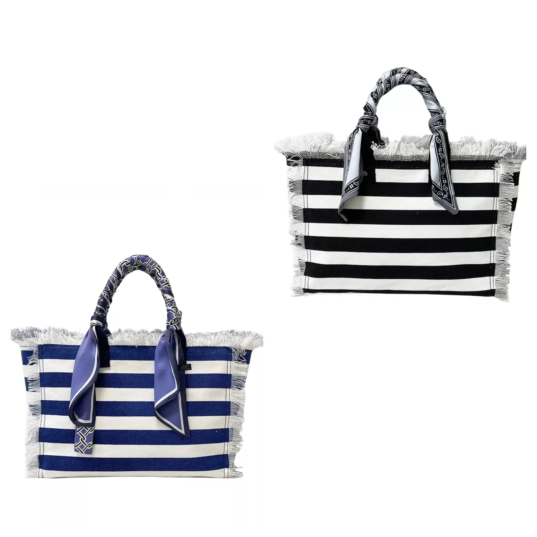 Canvas Fringe Striped Tote Bandana Handle - Blue or Black