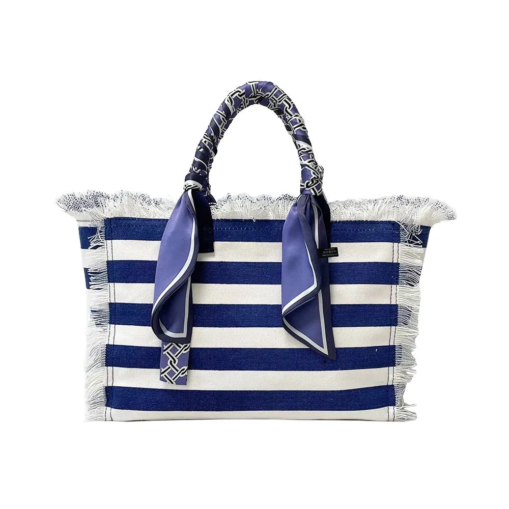 Canvas Fringe Striped Tote Bandana Handle - Blue or Black