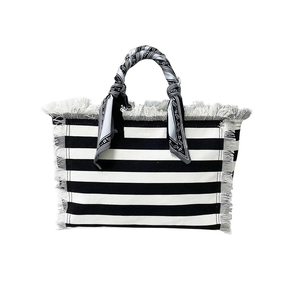 Canvas Fringe Striped Tote Bandana Handle - Blue or Black