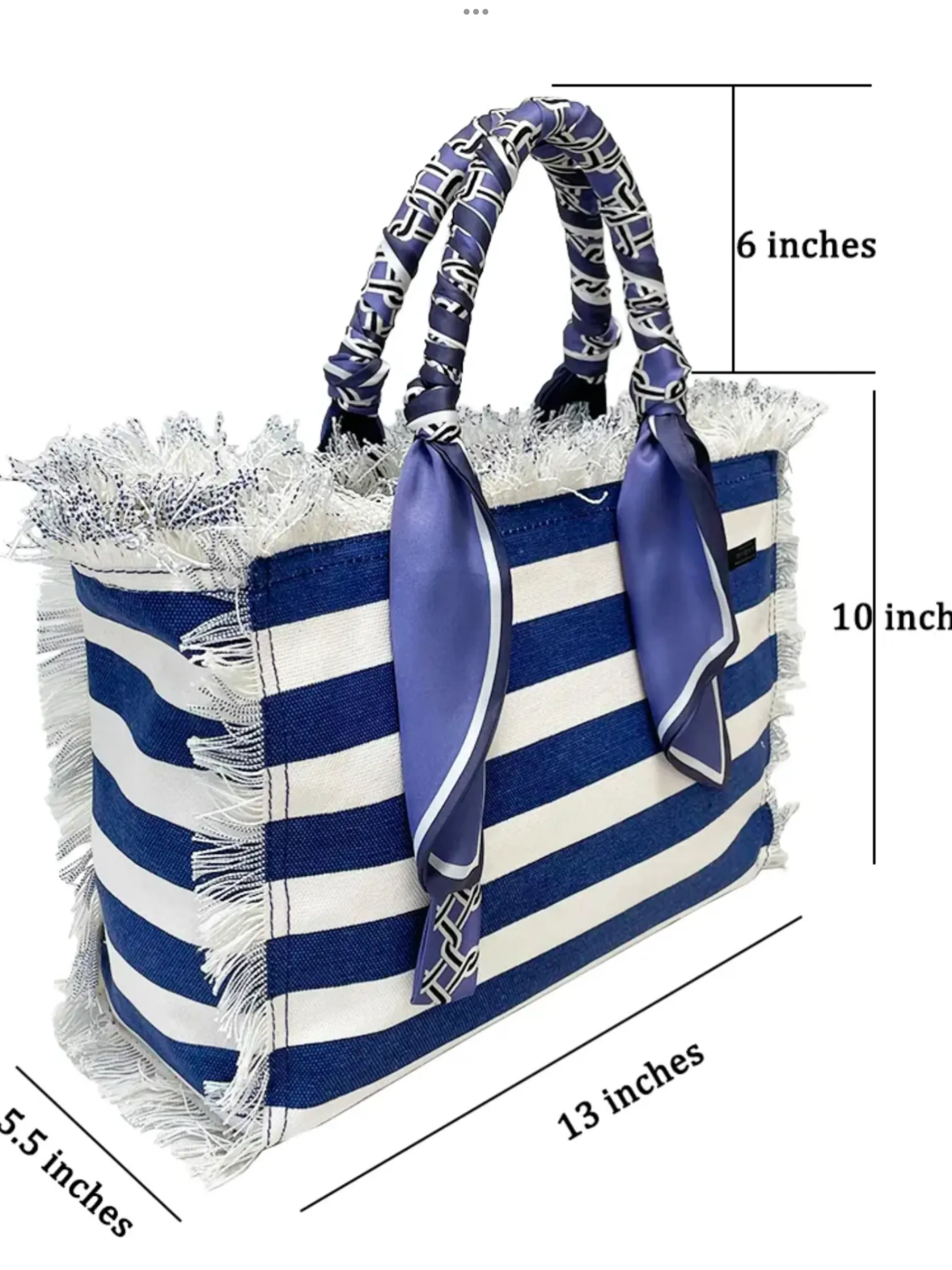 Canvas Fringe Striped Tote Bandana Handle - Blue or Black