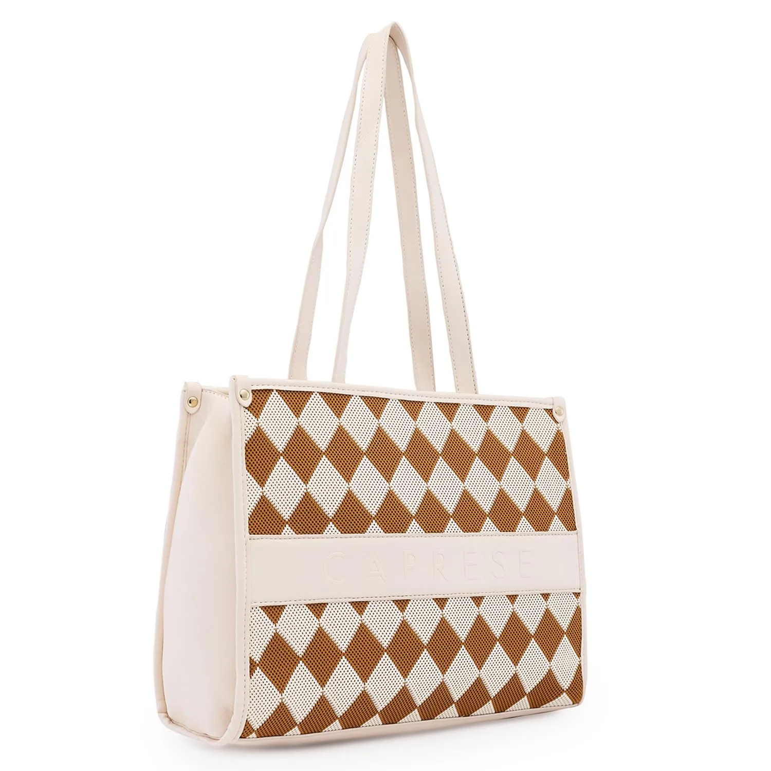 Caprese Checker Tote Bag, Medium-Cream | Stylish Handbag for Women | Spacious, Versatile Office & Daily Essentials Tote | Top Zip Closure