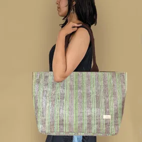 Cassette Brown Green Striped Upcycled Handwoven Office Tote (OT0724-004) PS_W