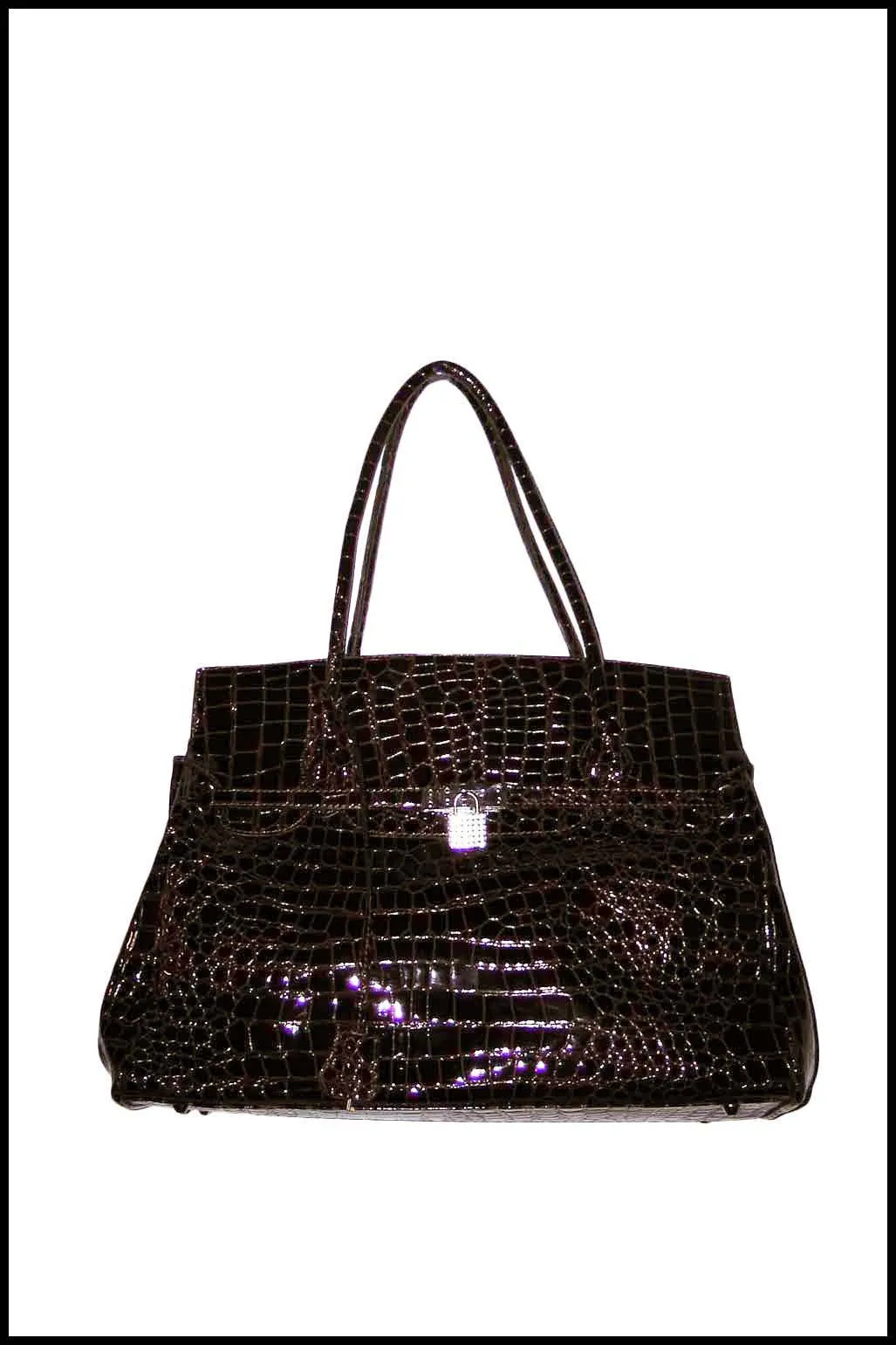 Extra-large Structured Patent Faux Crocodile Skin Handbag