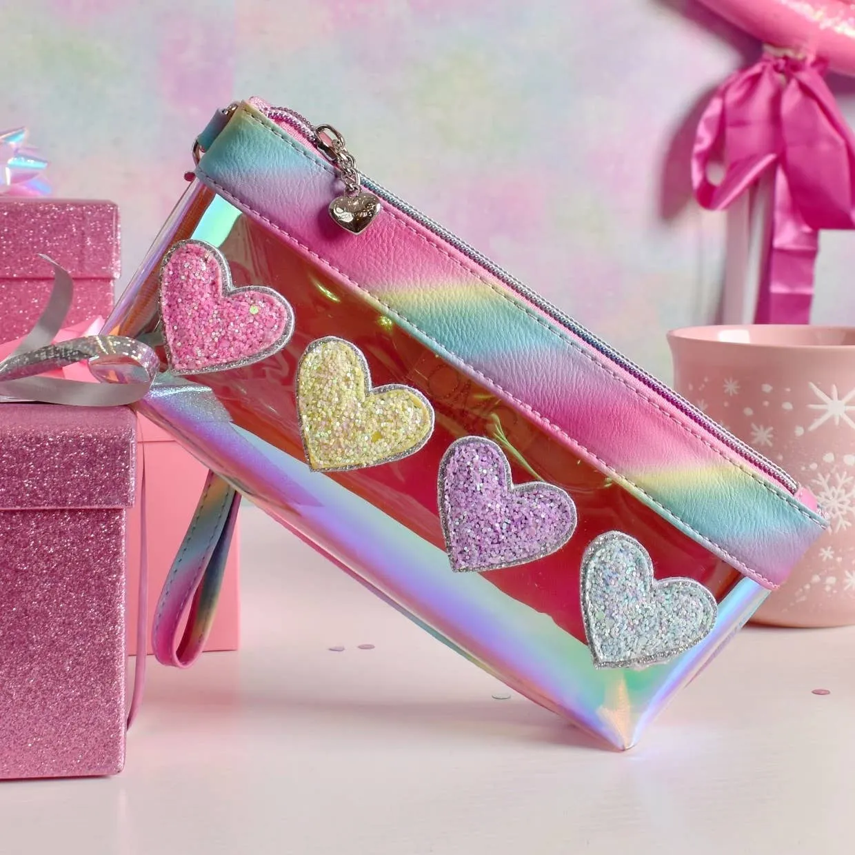 Glazed Clear Slim Wristlet - Glitter Hearts