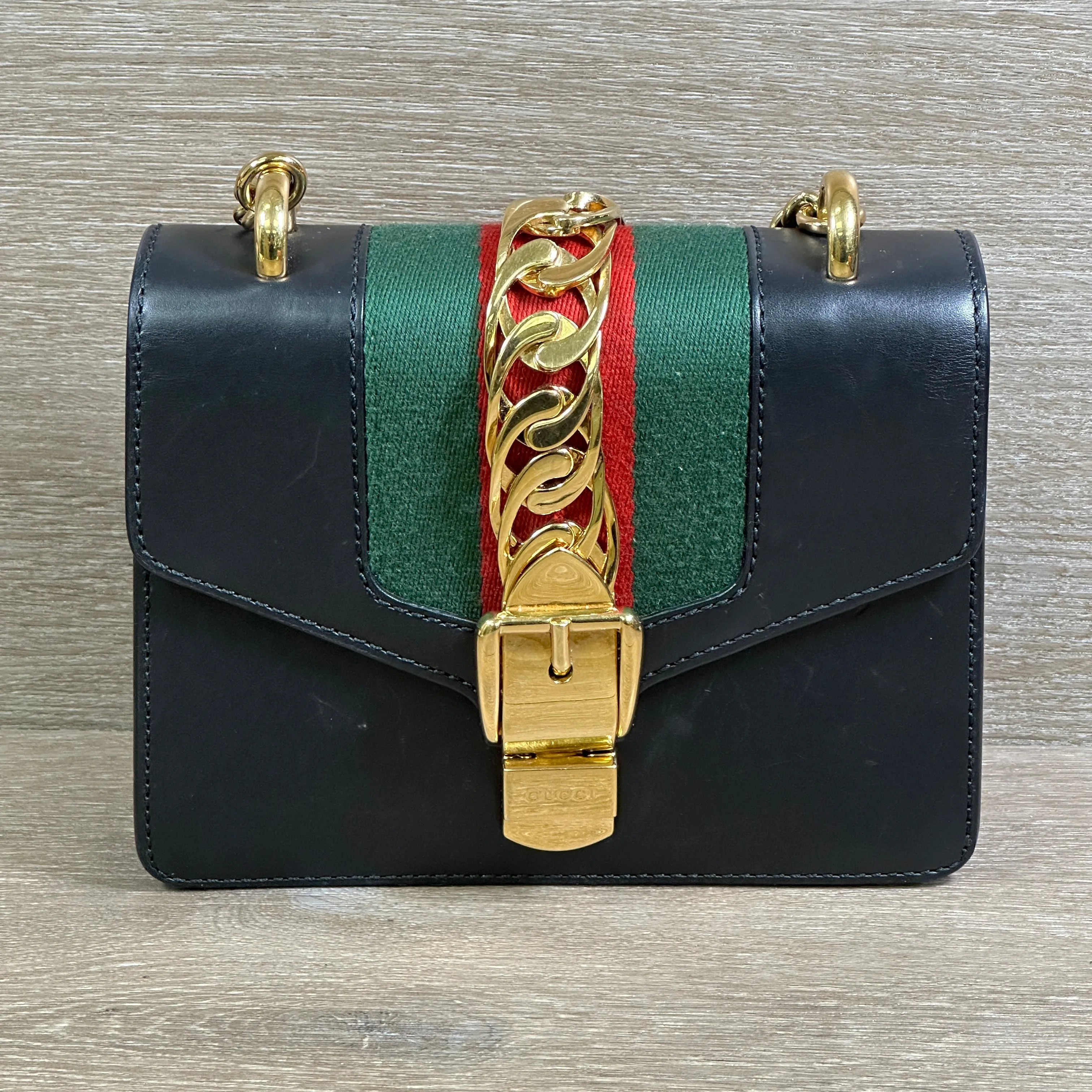 Gucci Black Leather Web Sylvie Chain Bag Mini - Black