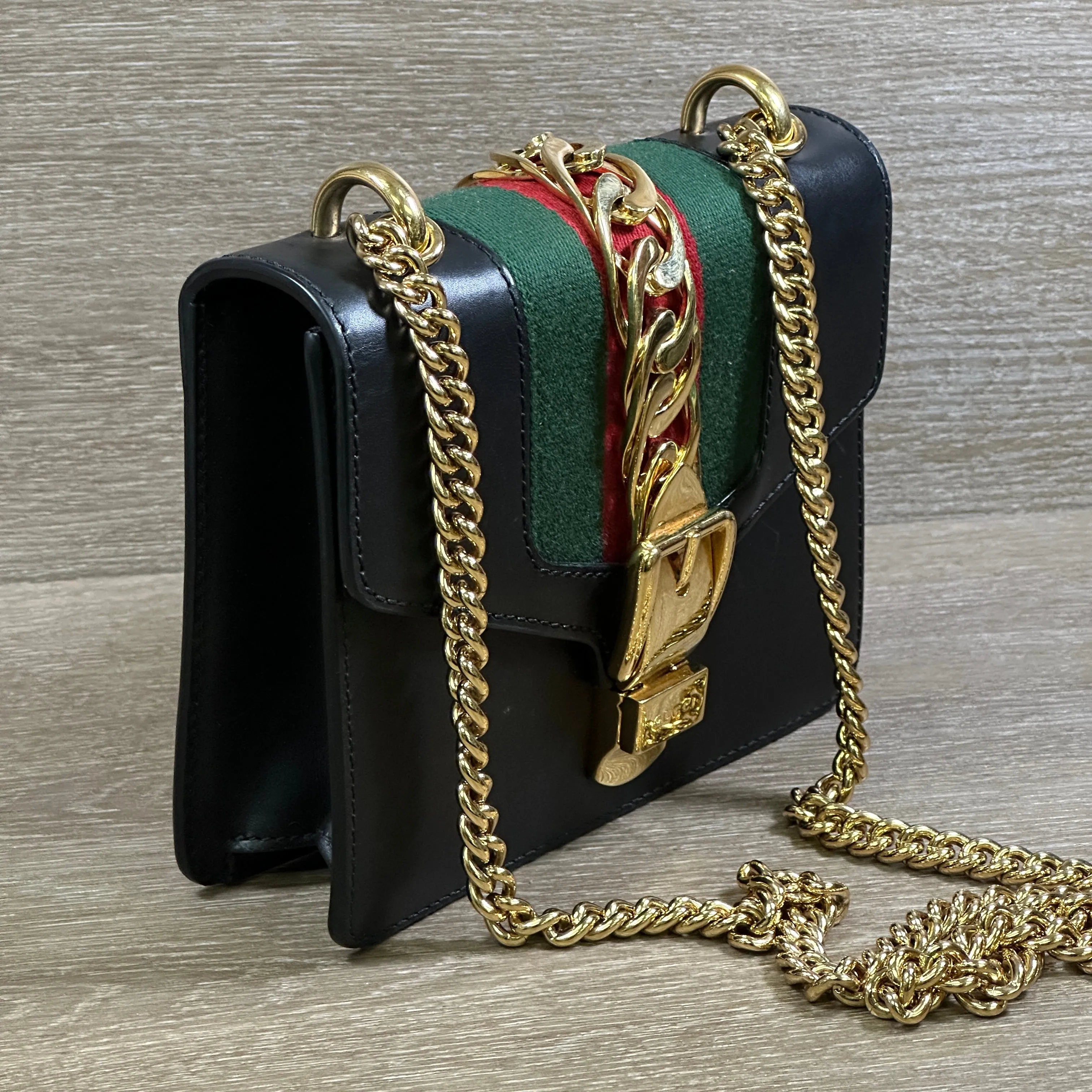 Gucci Black Leather Web Sylvie Chain Bag Mini - Black