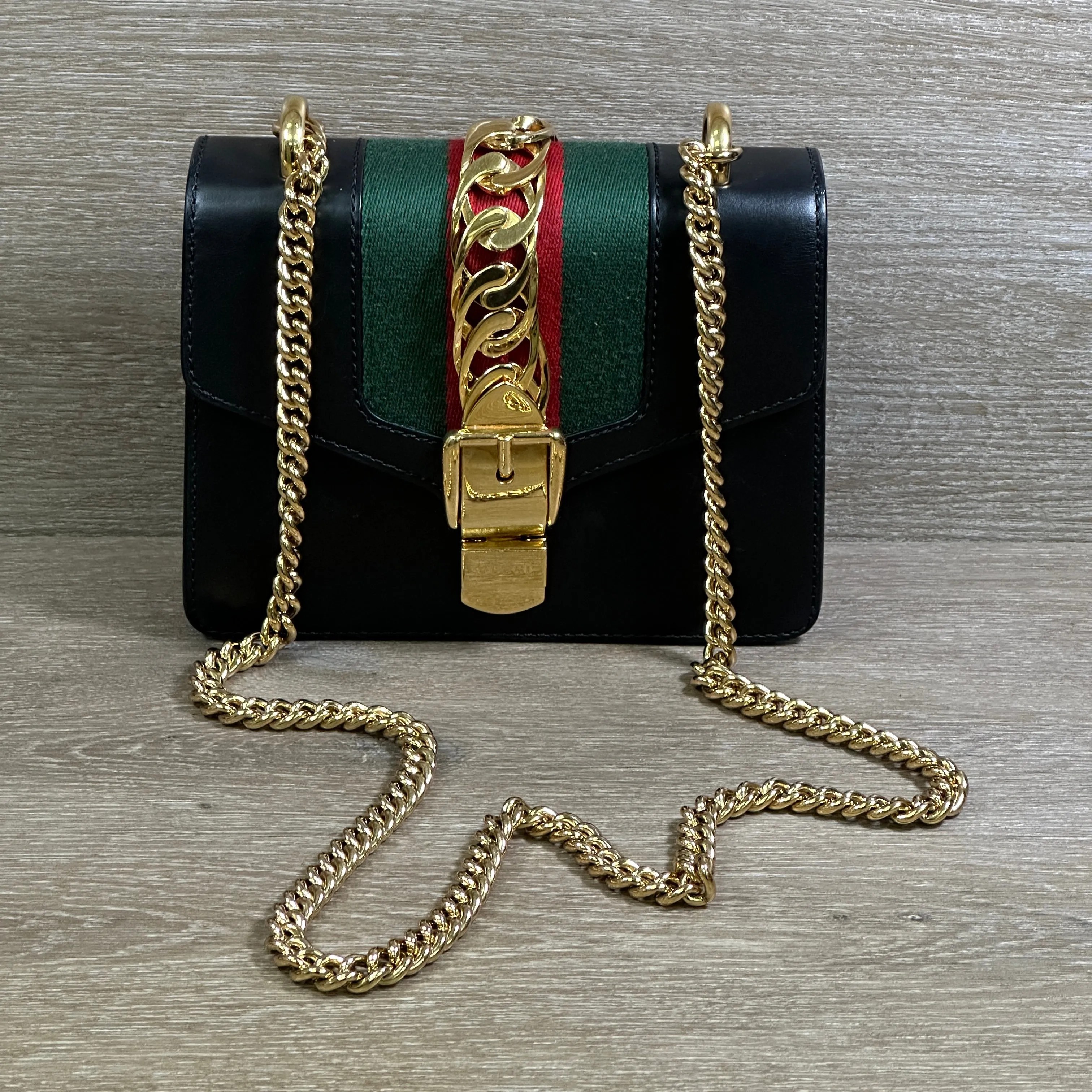 Gucci Black Leather Web Sylvie Chain Bag Mini - Black