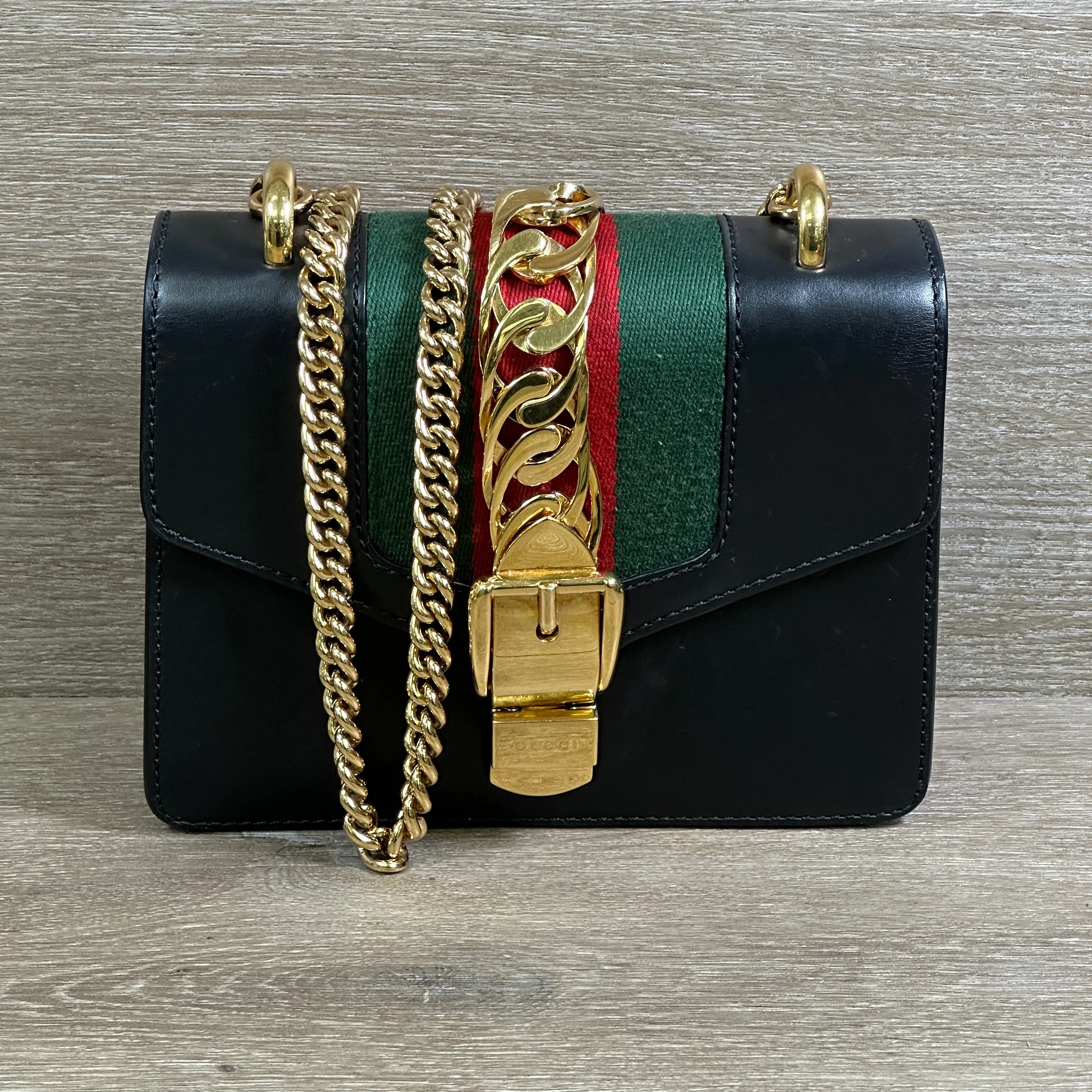 Gucci Black Leather Web Sylvie Chain Bag Mini - Black