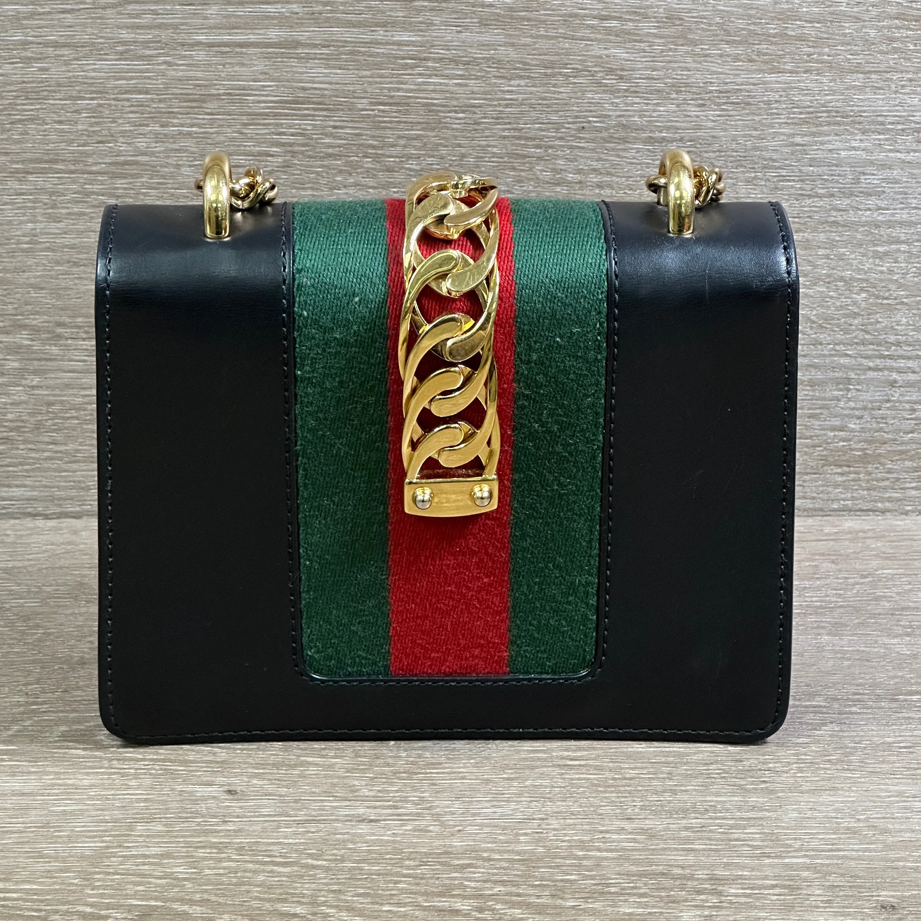 Gucci Black Leather Web Sylvie Chain Bag Mini - Black