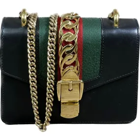 Gucci Black Leather Web Sylvie Chain Bag Mini - Black