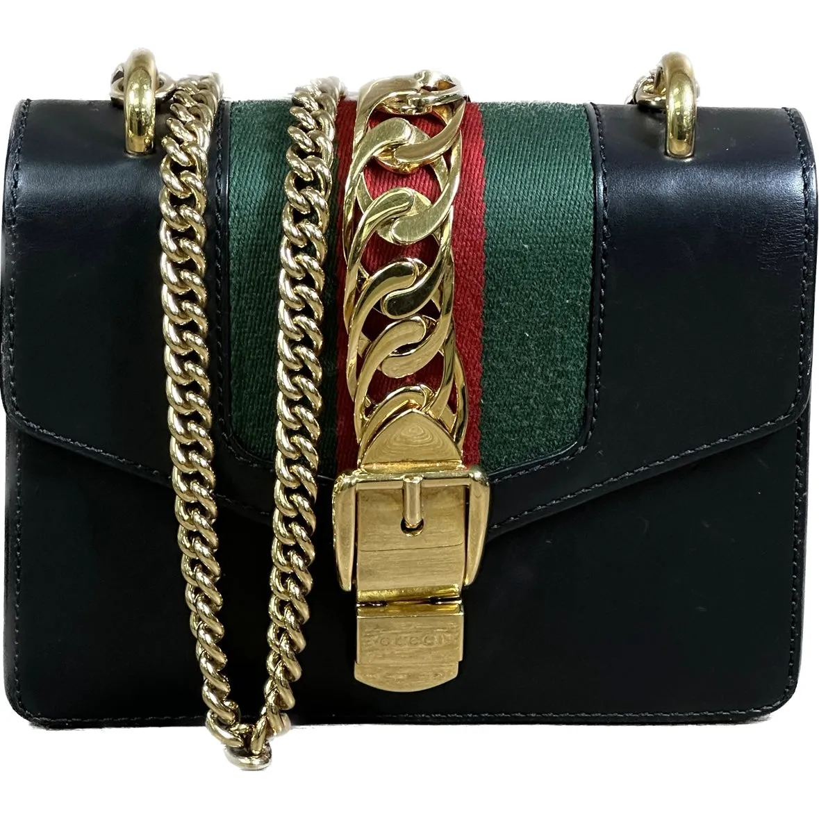 Gucci Black Leather Web Sylvie Chain Bag Mini - Black