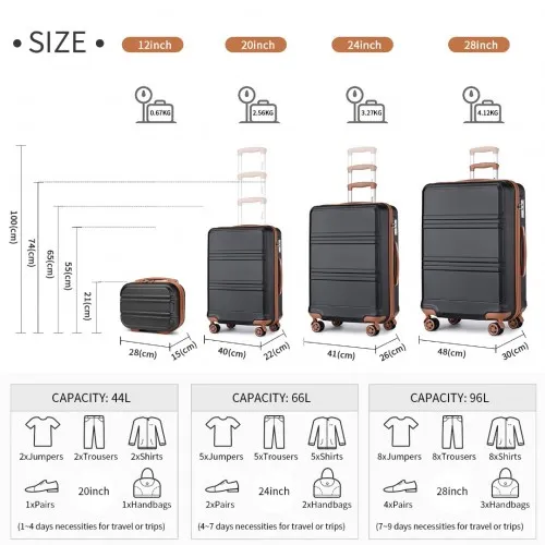 Kono ABS 4 Piece Luggage Set with Vanity Case - Black & Brown | Lightweight, Durable & TSA Approved