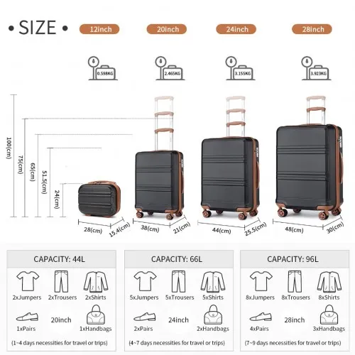 Kono ABS 4 Piece Luggage Set with Vanity Case - Black & Brown | Lightweight, Durable & TSA Approved