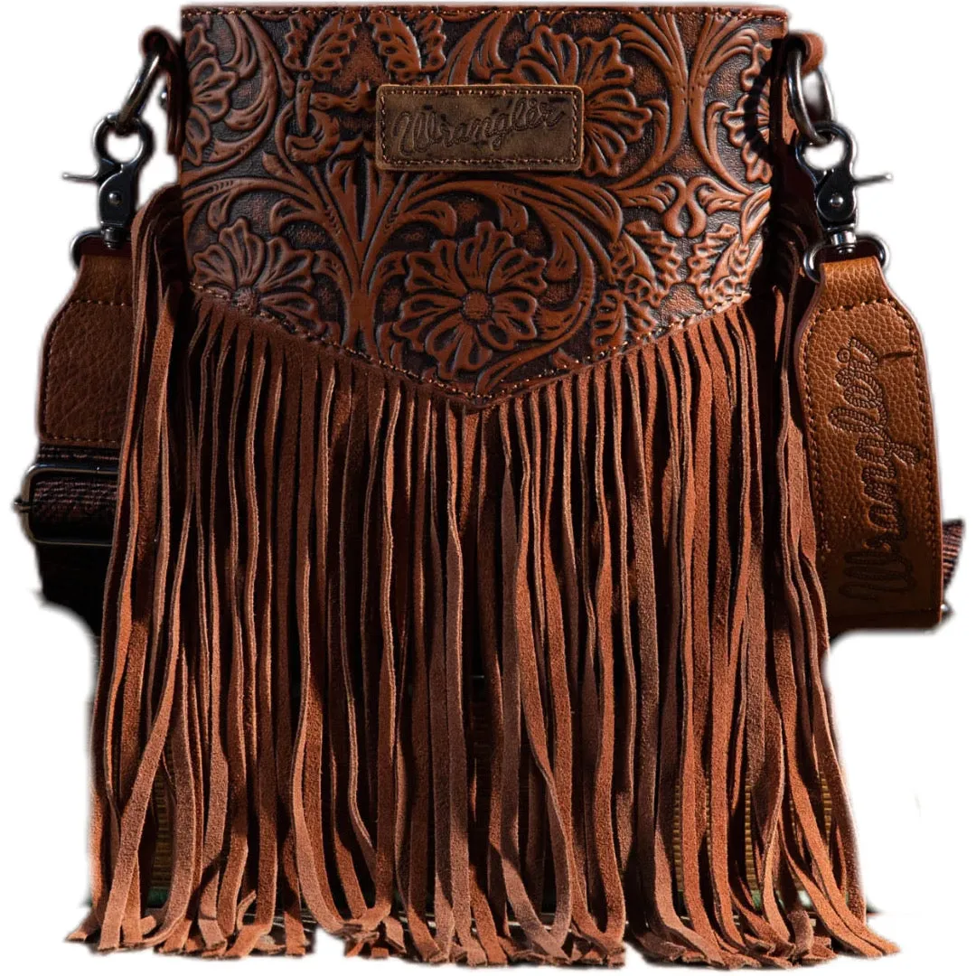 Large Vintage Floral Fringe Crossbody - Brown