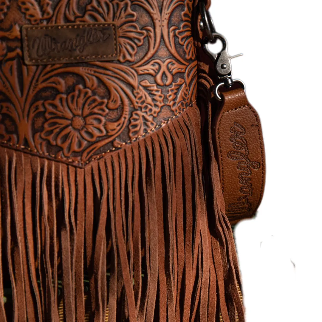 Large Vintage Floral Fringe Crossbody - Brown