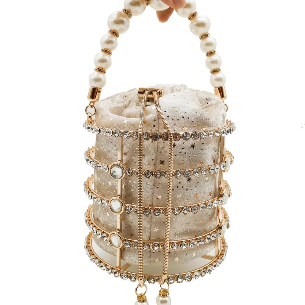 Luxury Ladies' Bucket Shape Hollow Out Evening Bag With Imitation Pearl Charm