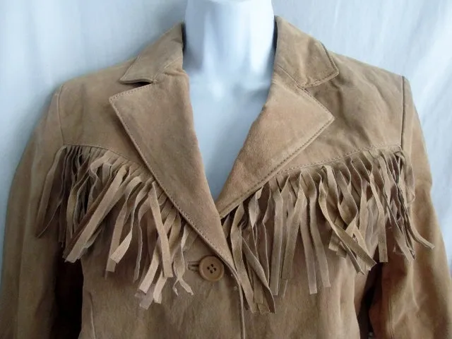 NEW NWT Womens DENIM & CO. Suede Cowboy FRINGE Hippie Jacket Coat BROWN S