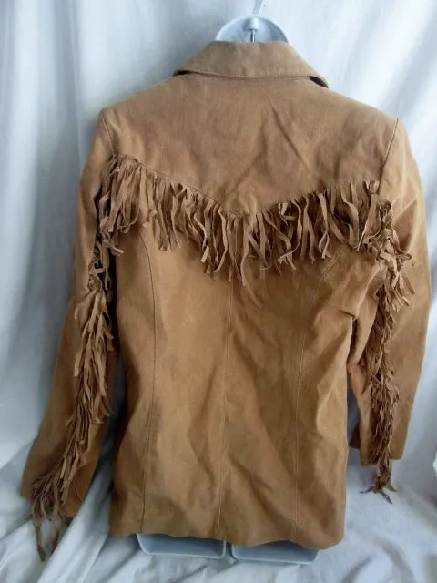 NEW NWT Womens DENIM & CO. Suede Cowboy FRINGE Hippie Jacket Coat BROWN S