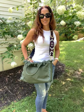 Olive Small Fringe Canvas Tote With Abstract Strap