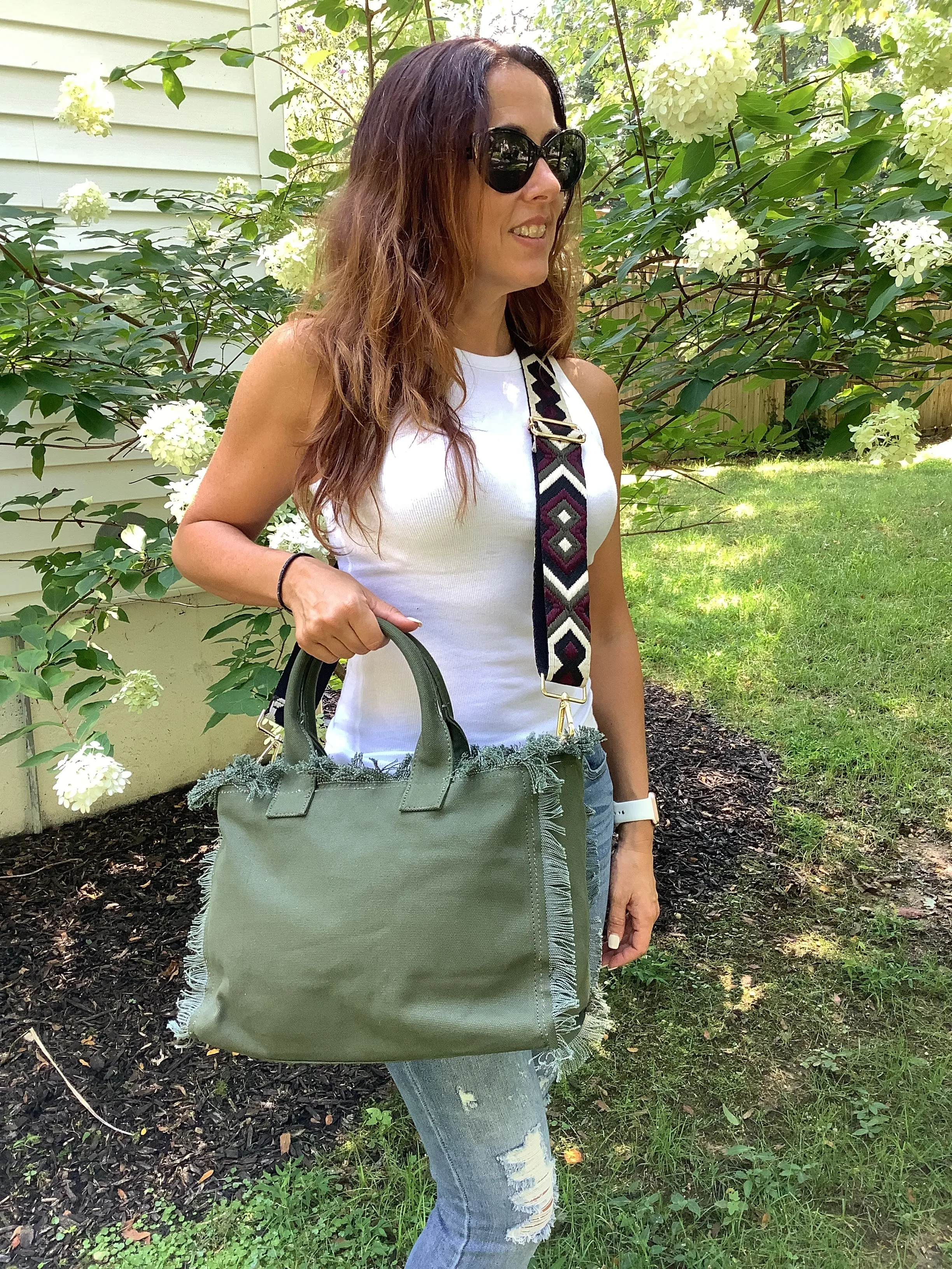 Olive Small Fringe Canvas Tote With Abstract Strap