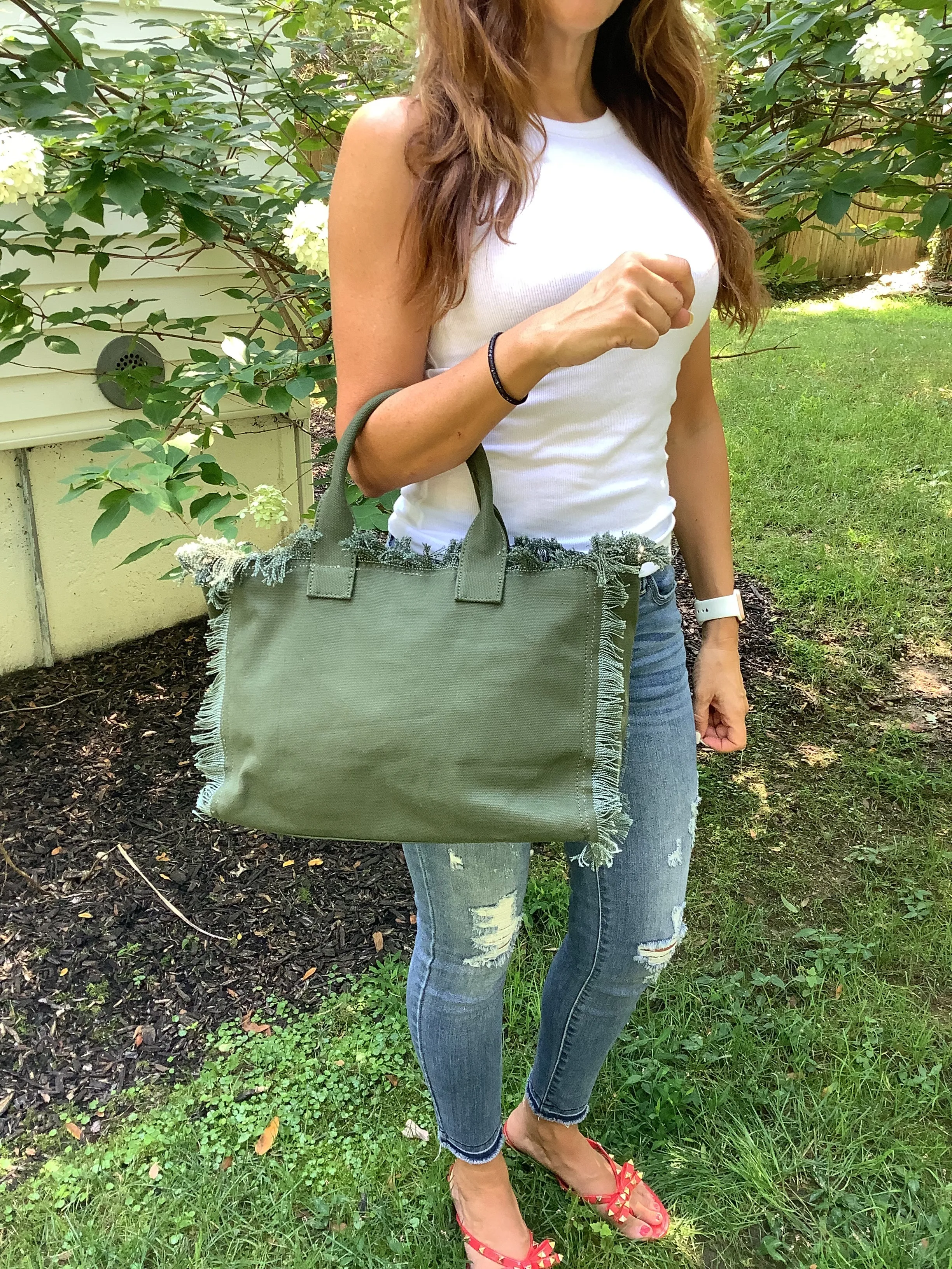 Olive Small Fringe Canvas Tote With Abstract Strap