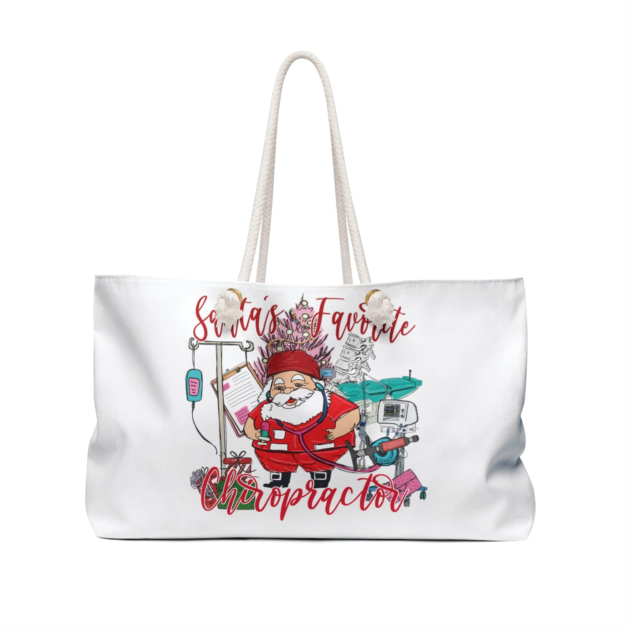 Personalised/Non-Personalised Weekender Bag, Santa's Favorite Chiropractor, Large Weekender Bag, Beach Bag, Book Bag