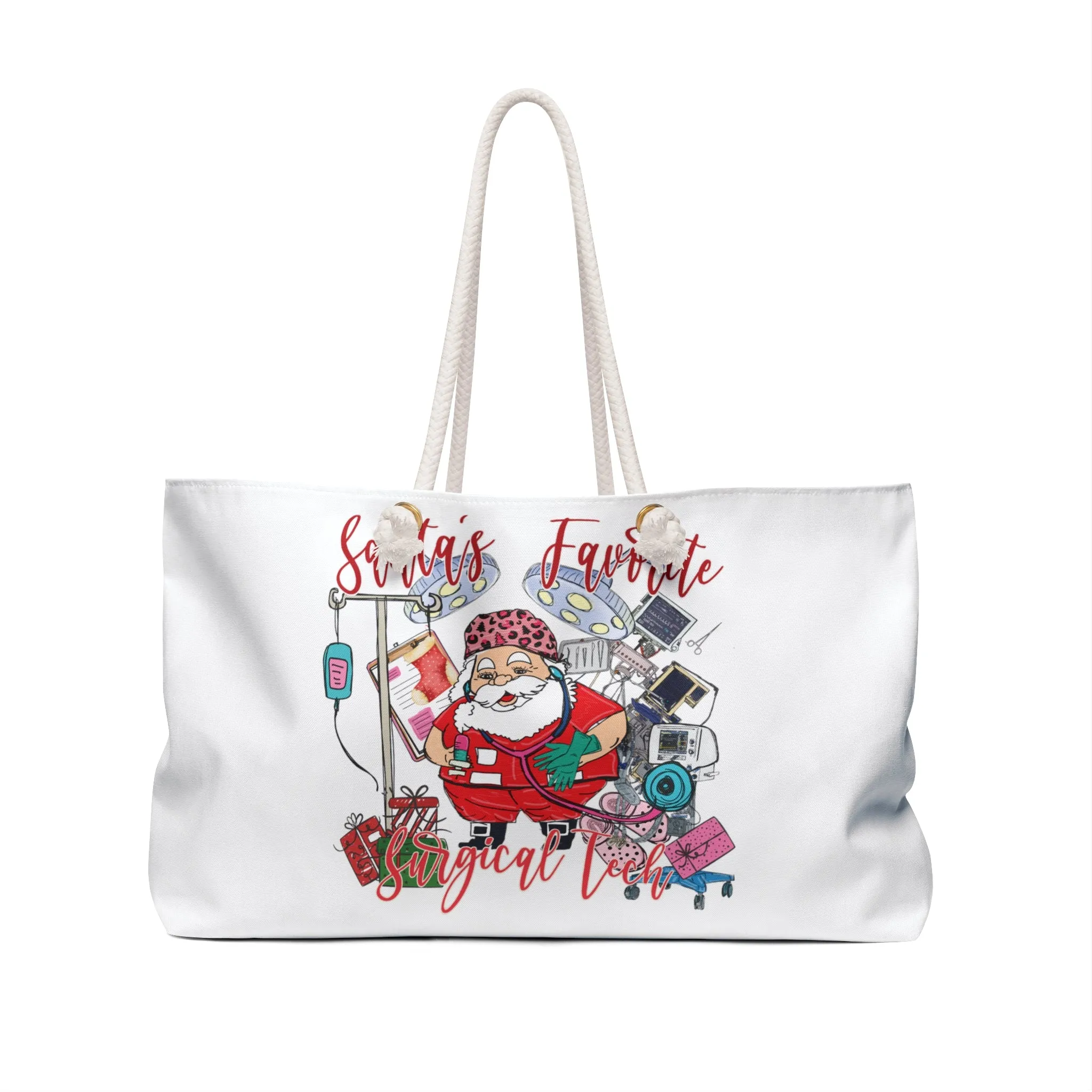 Personalised/Non-Personalised Weekender Bag, Santa's Favorite Surgical Tech, Large Weekender Bag, Beach Bag, Book Bag