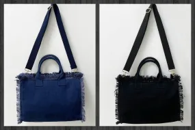 Small Fringe Canvas Tote With Solid Strap - Blue or Black