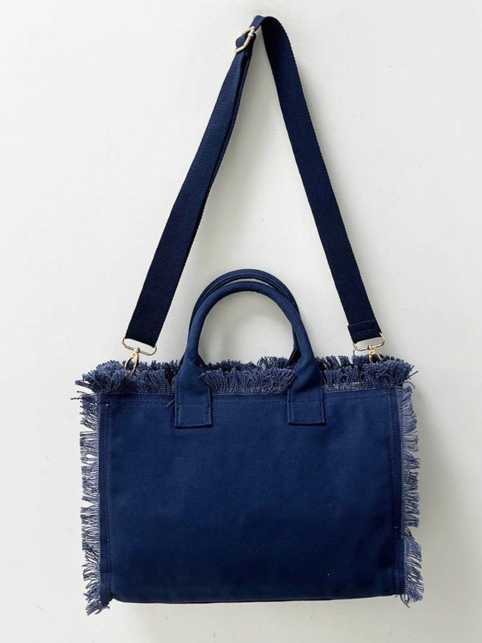 Small Fringe Canvas Tote With Solid Strap - Blue or Black