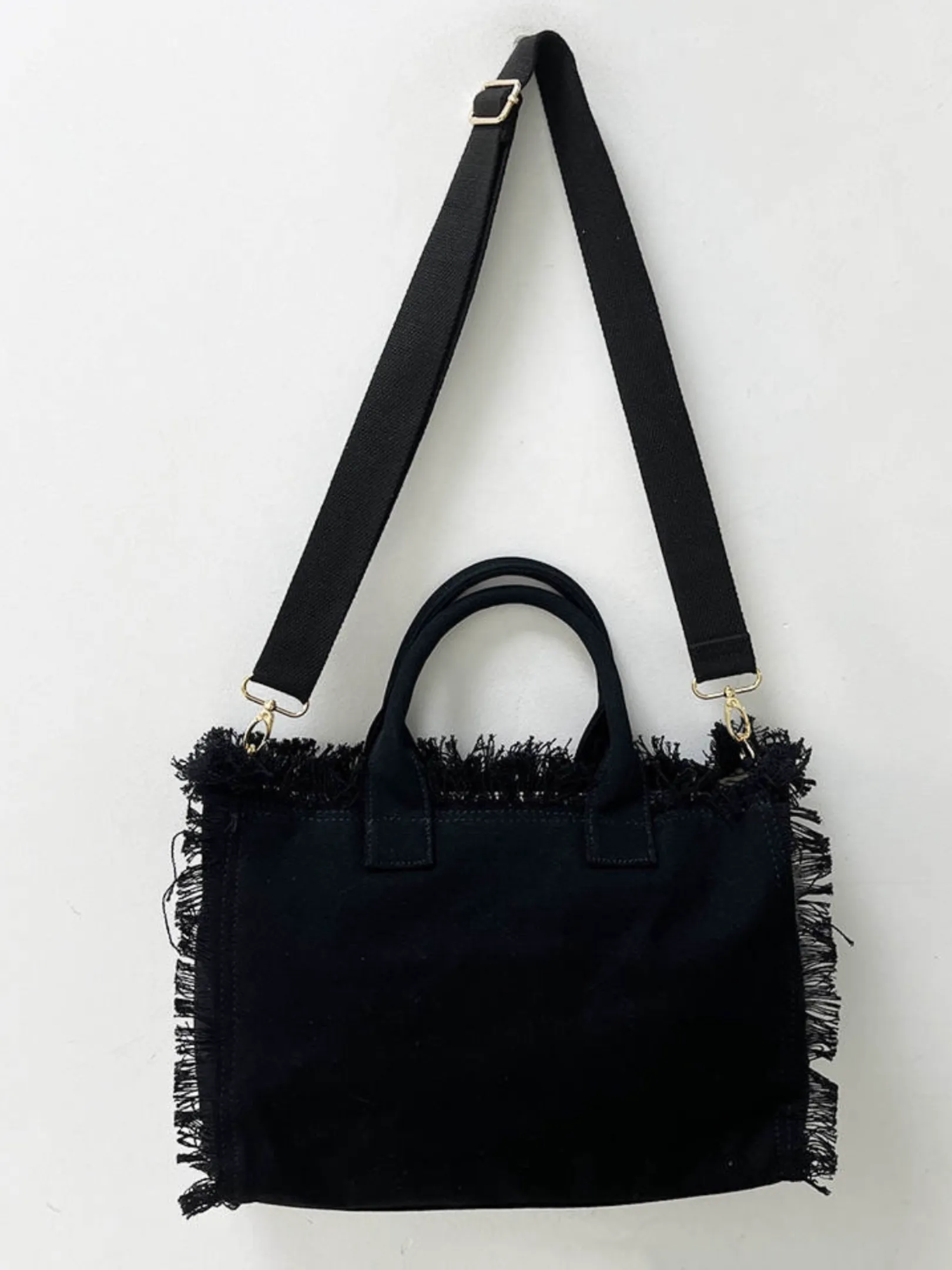 Small Fringe Canvas Tote With Solid Strap - Blue or Black