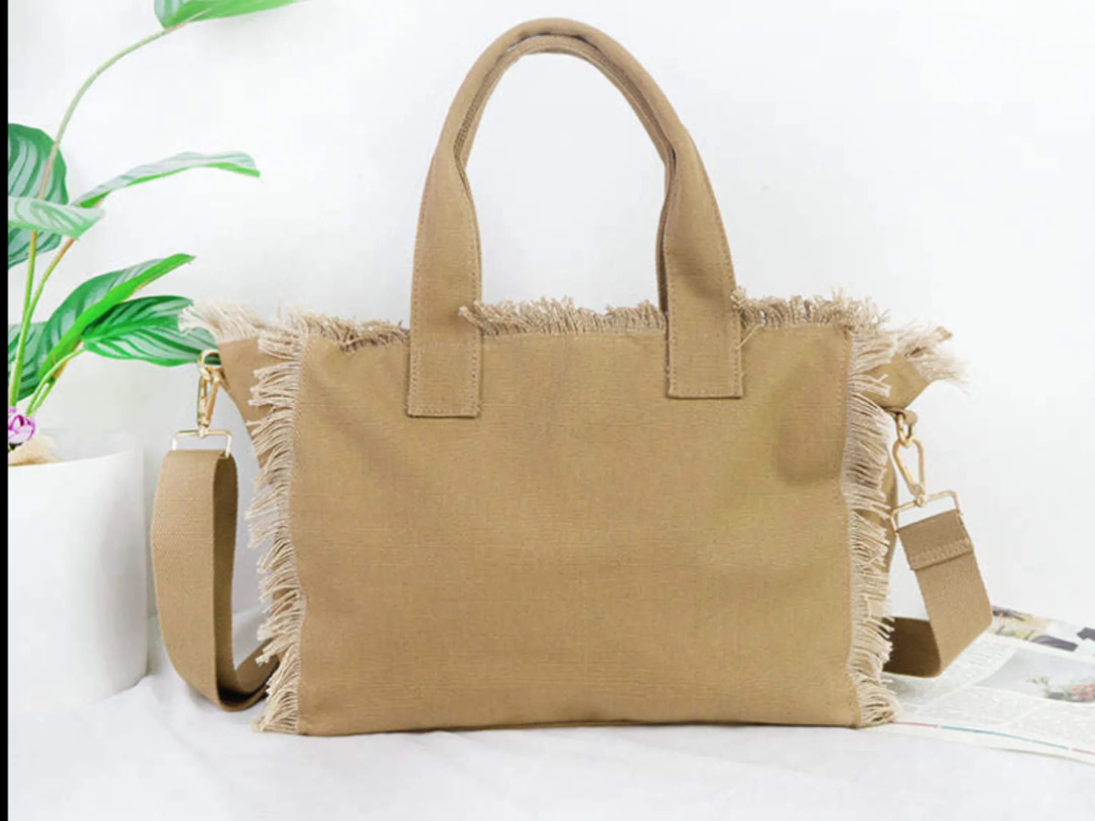 Small Fringe Canvas Tote With Solid Strap - Blue or Black