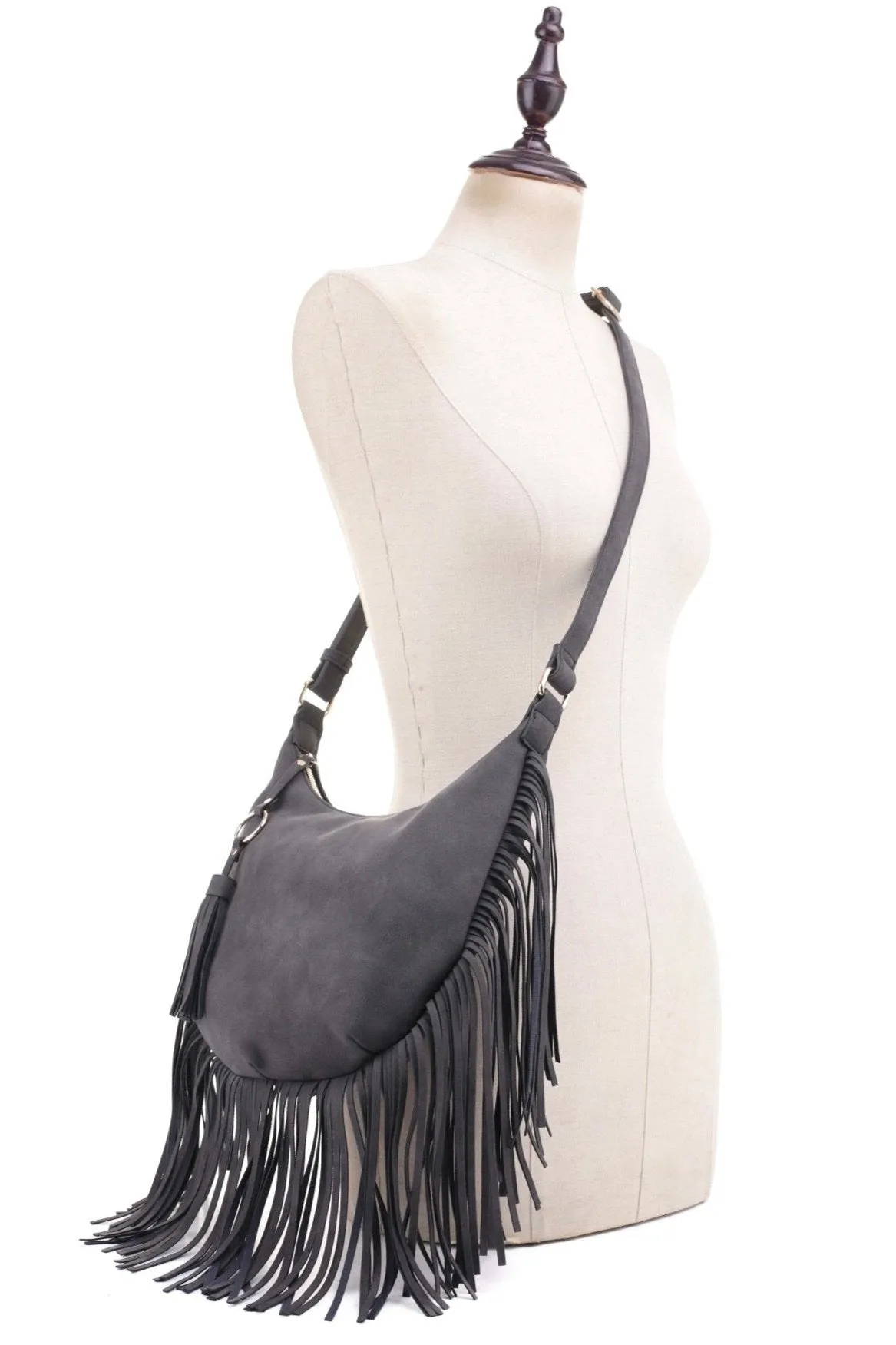 Soft Leather Fringe HOBO/Crossbody Bag With Tassel in Dark Grey