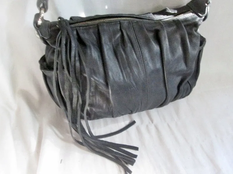 STACCATO leather hobo satchel shoulder rouched bag clutch BLACK M Fringe Tassle