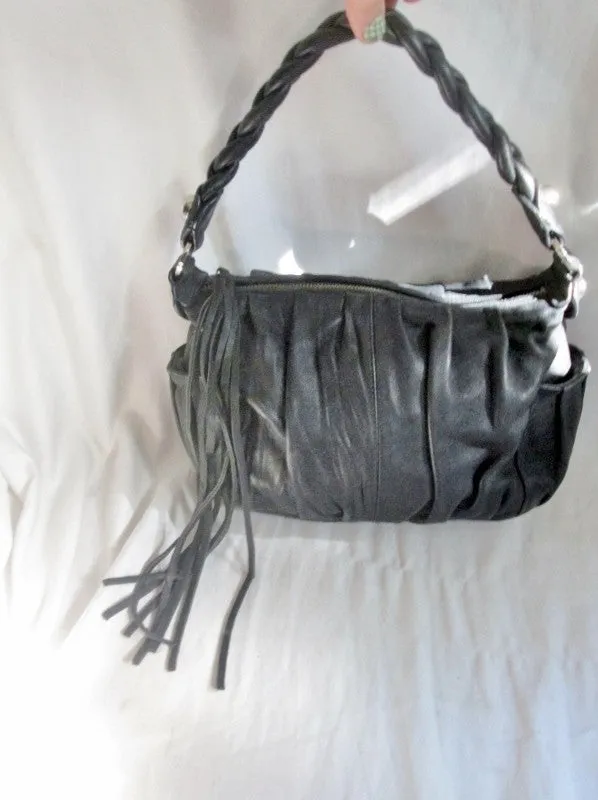 STACCATO leather hobo satchel shoulder rouched bag clutch BLACK M Fringe Tassle