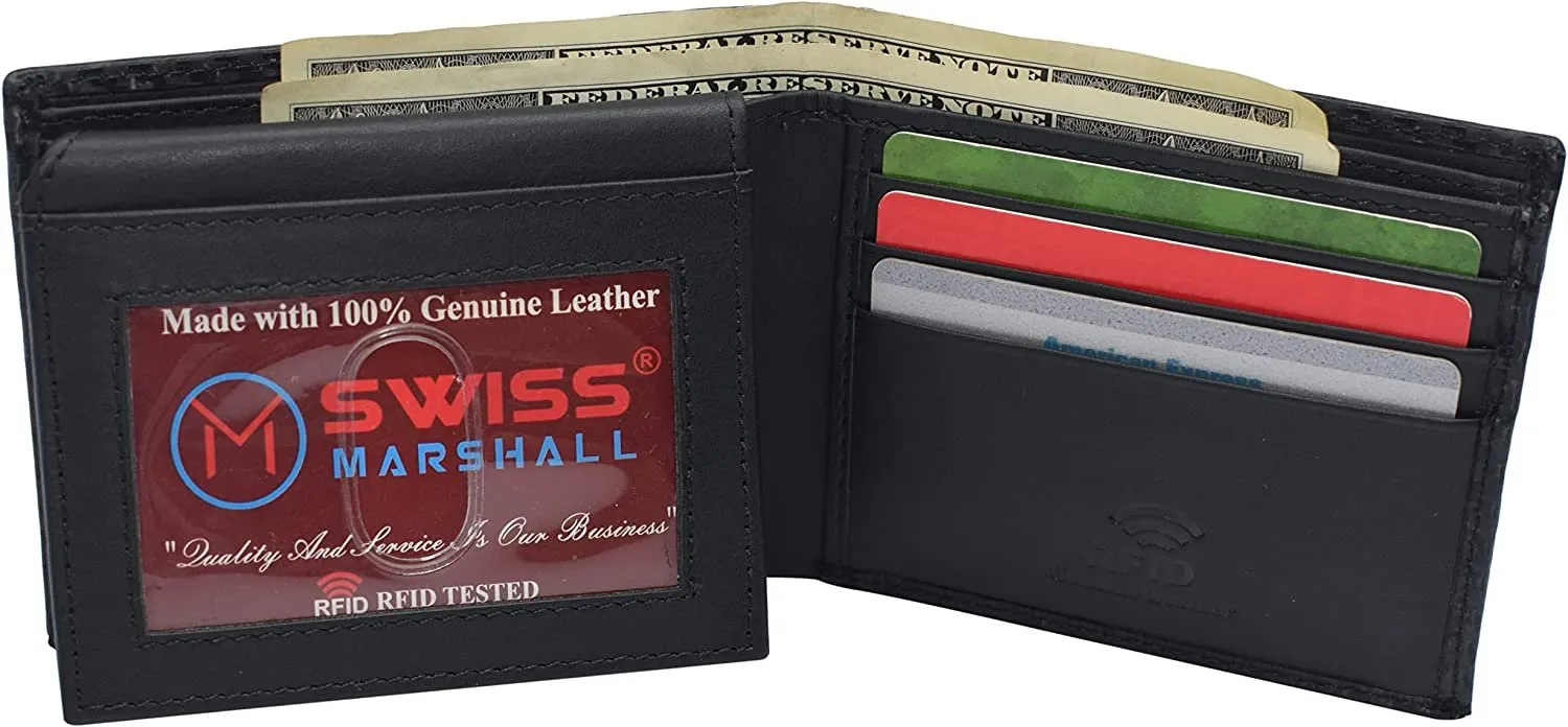 Swiss Marshall RFID Blocking Men's Carbon Fiber Leather Slim Bifold Wallets