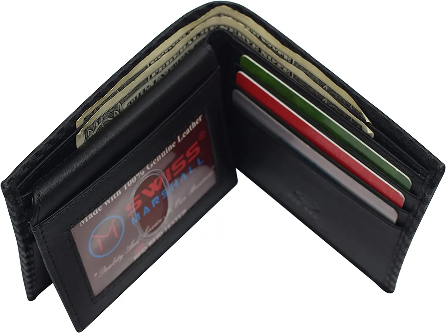 Swiss Marshall RFID Blocking Men's Carbon Fiber Leather Slim Bifold Wallets