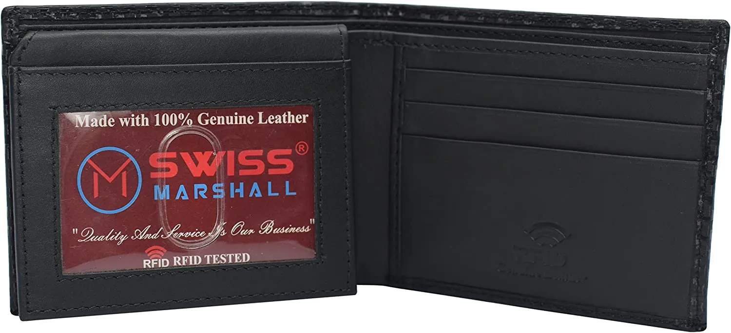 Swiss Marshall RFID Blocking Men's Carbon Fiber Leather Slim Bifold Wallets