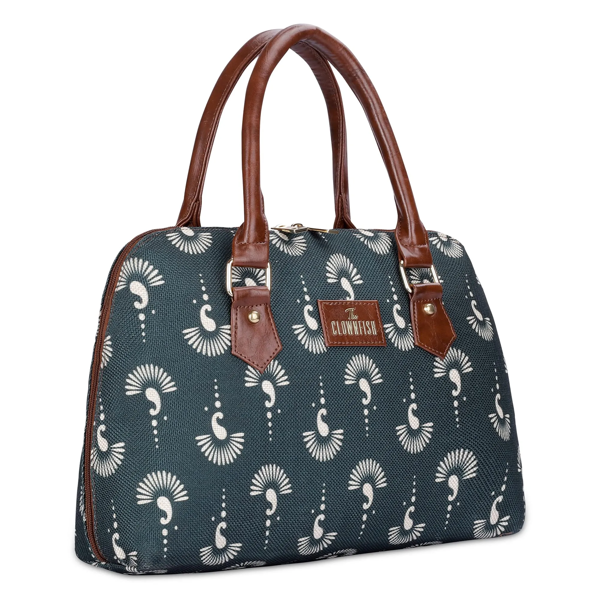 THE CLOWNFISH Montana Series Printed Handicraft Fabric Handbag for Women Office Bag Ladies Purse Shoulder Bag Tote For Women College Girls (Bottle Green)